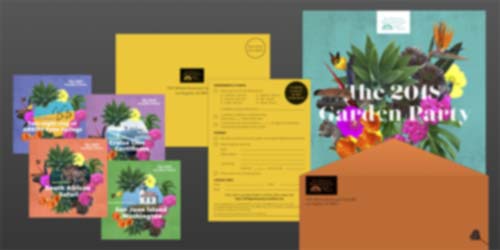 LA Neighborhood Land Trust 2018 Garden Party invitation and envelopes